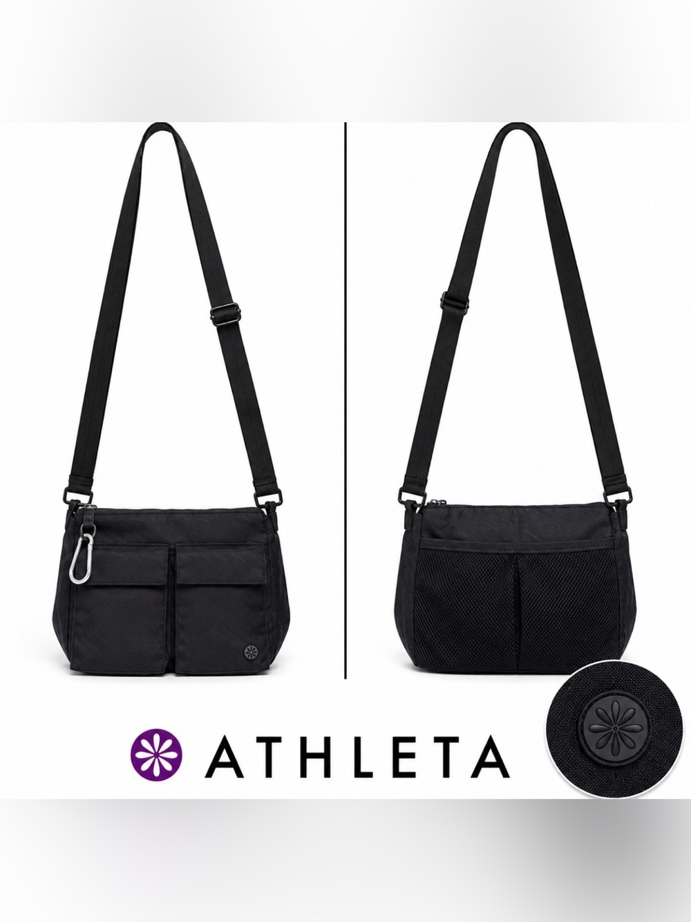 Athleta Travel Crossbody Bag Black Purse Adjustable Shoulder Strap RFID Nylon